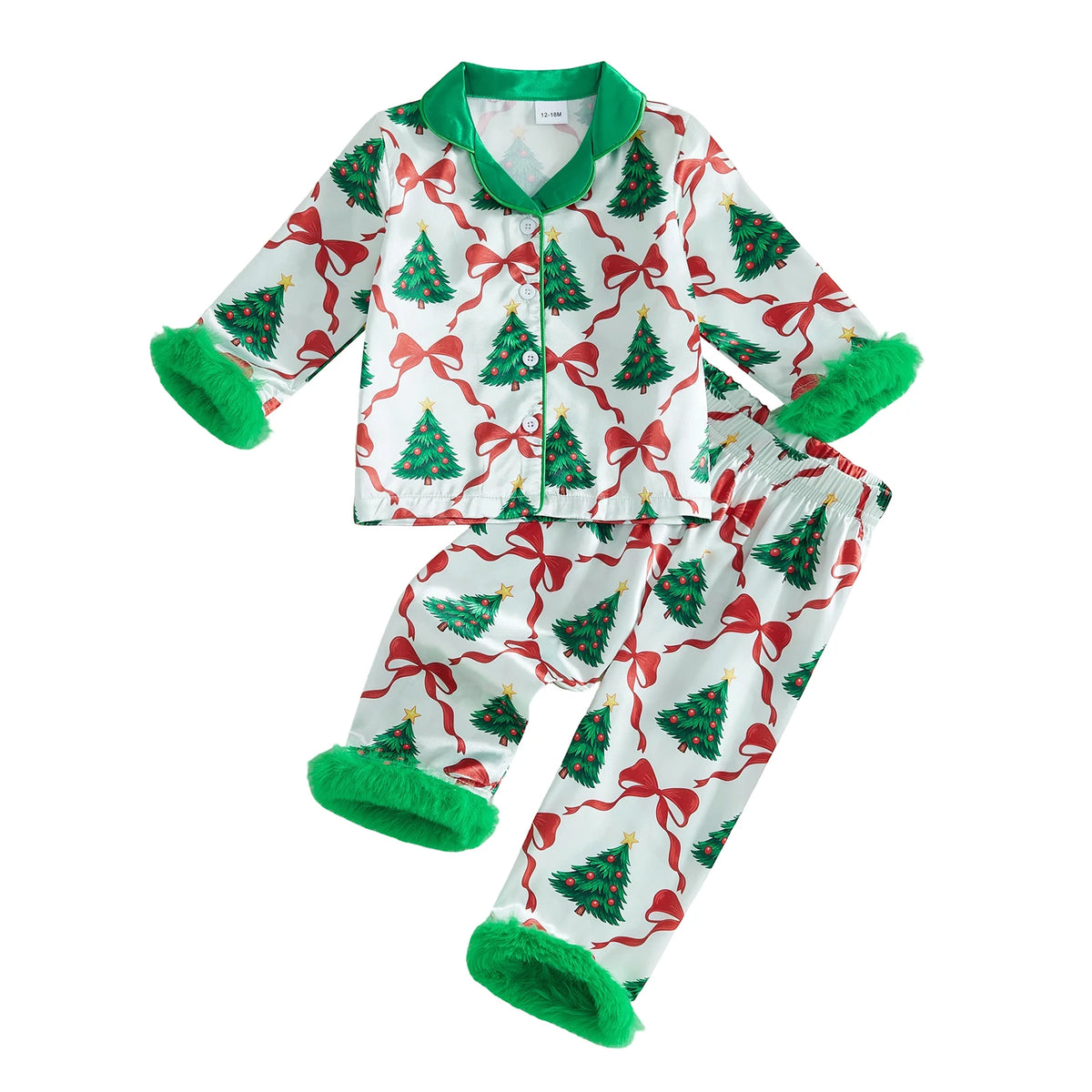 Girls Christmas pajama set with tree and bow print, green collar, and fuzzy cuffs. 2-piece button-front loungewear for holiday events.