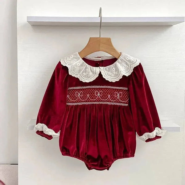 Smocked Sibling Outfits Deep Red Velvet Baby Dresses - The Palm Beach Baby