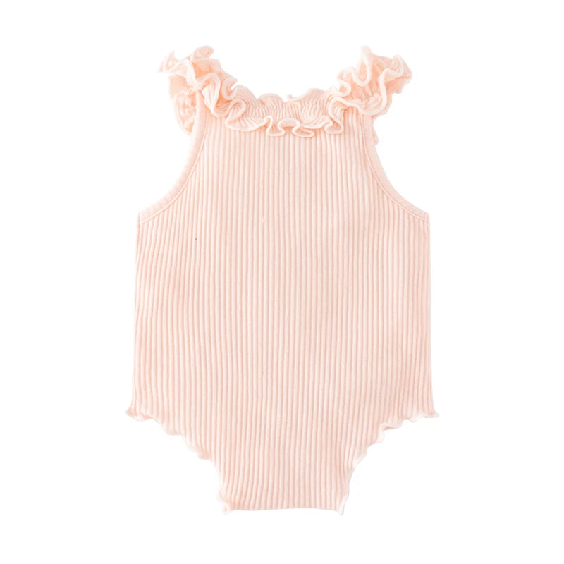Back view of the Ruffle Baby! Adorable Knit Romper in princess pink, highlighting the ruffled edges and stylish design.