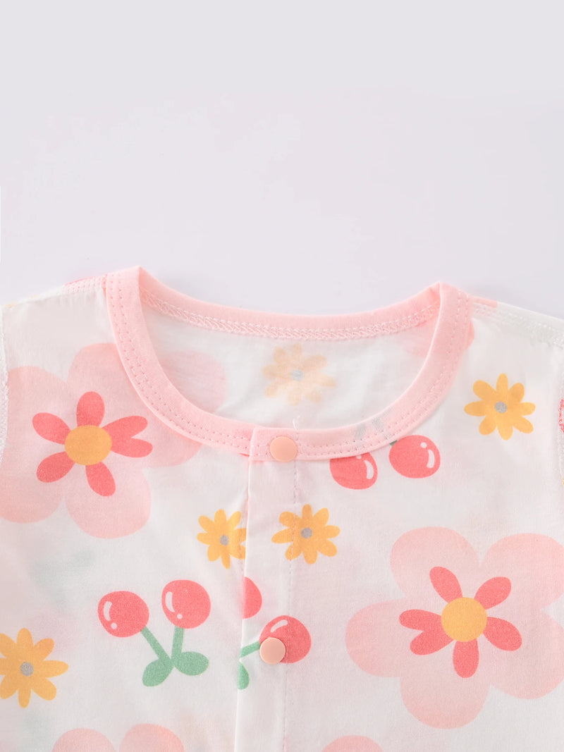 Close-up of the front of the Floral Baby! Romper Outfit, highlighting snaps for easy diaper changes. Adorable baby romper outfit suitable for 1 month to 1 year old babies.