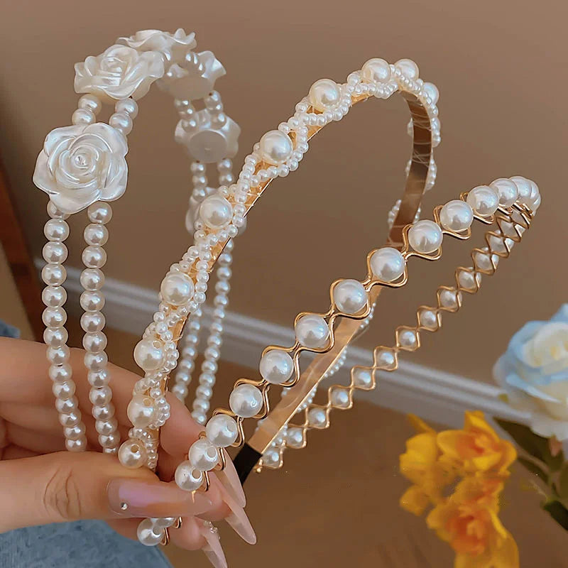 Elegant White Pearl Ribbon Rose Flower Hairbands for Girls 4 to 6 Yrs