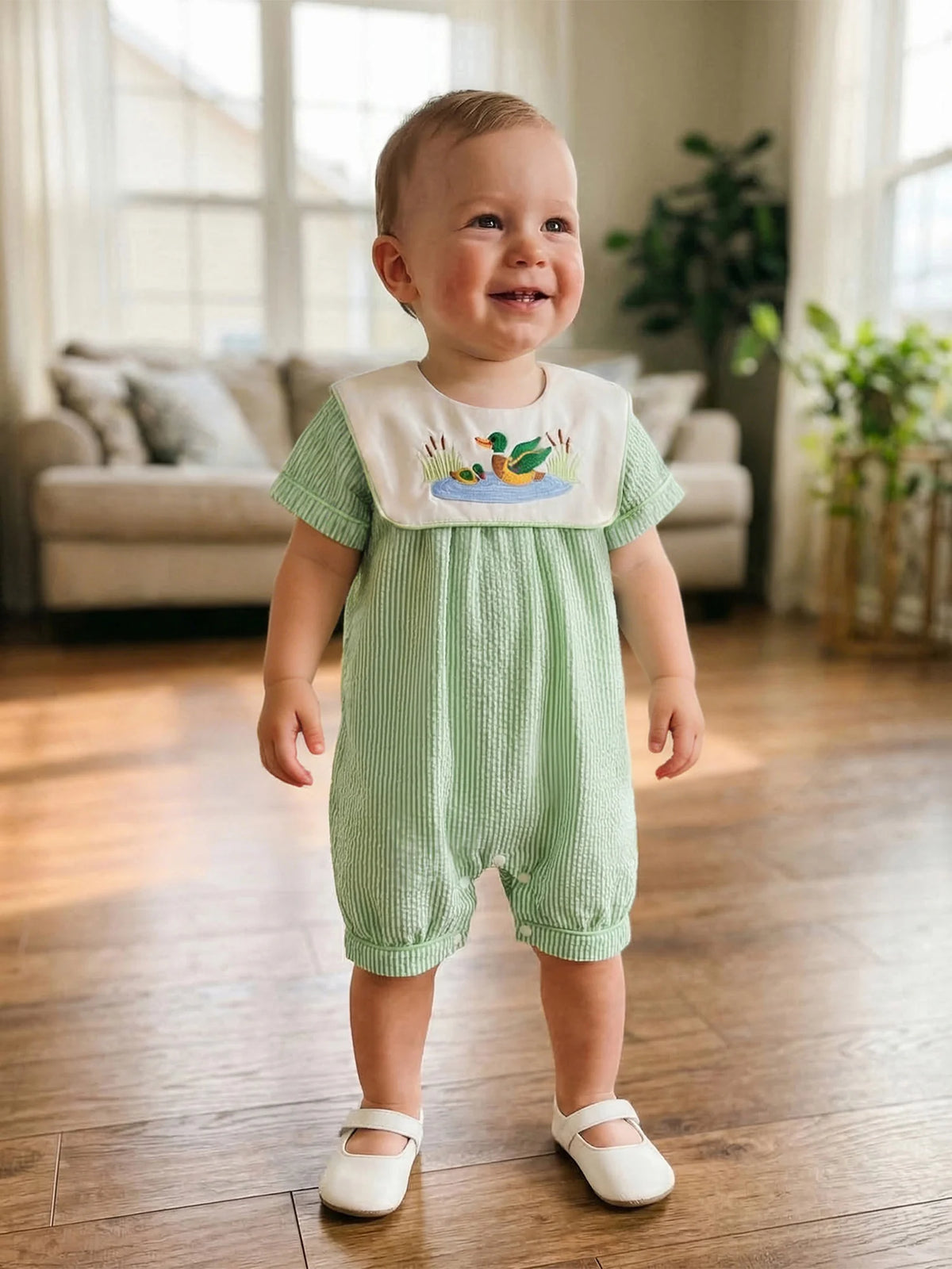 Little Ducky Boys Bibbed Seersucker Romper - Two Adorable Colors - The Palm Beach Baby Estimated 10 - 18 Day Shipping