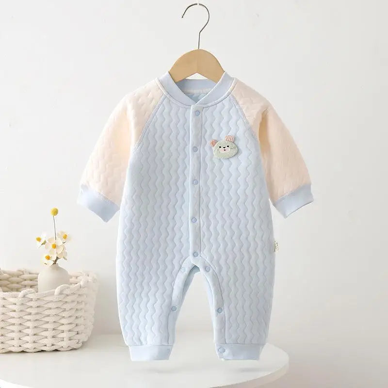 Cozy Warm Baby Quilted Romper in blue for newborns to 24 months, featuring a cute bear patch and soft cotton fabric.