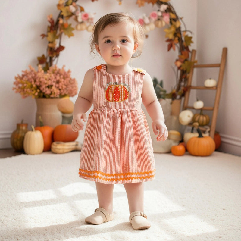 "Seersucker Pumpkin" Embroidered Sleeveless Dress