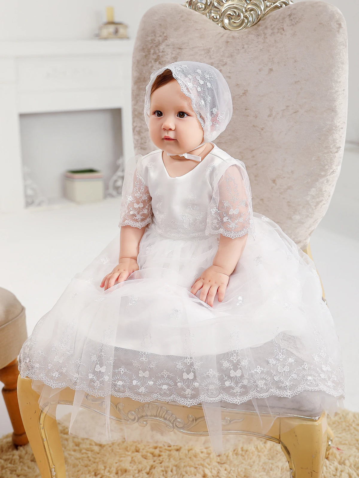Aimee Baptism Special Occasion Dress with Lace Bonnet - The Palm Beach Baby Estimated 13 - 21 Day Shipping