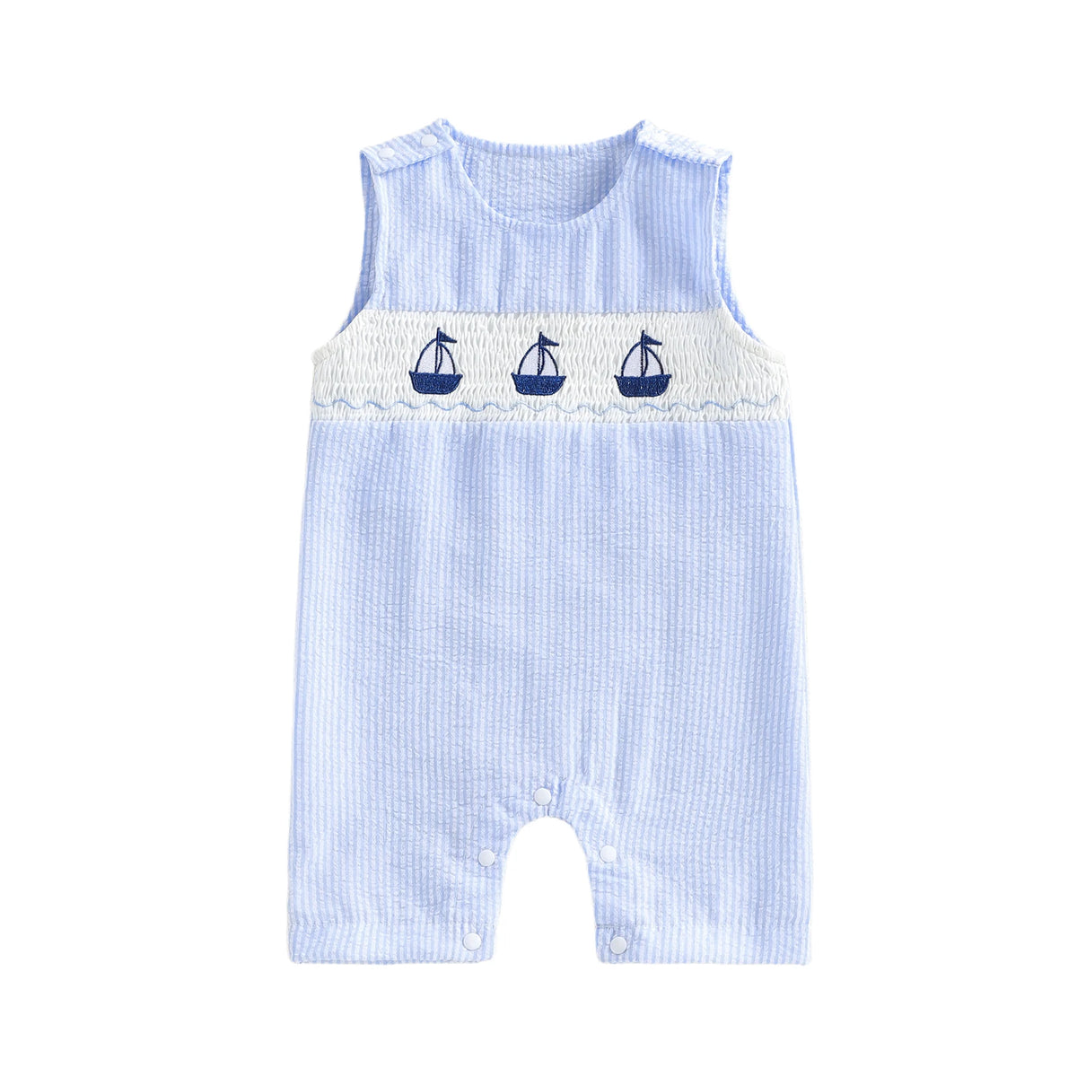 'Tiny Sails' Embroidered Boys Blue Stripe Seersucker Romper - The Palm Beach Baby Estimated 12 - 19 Day Shipping