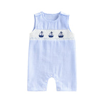 'Tiny Sails' Embroidered Boys Blue Stripe Seersucker Romper - The Palm Beach Baby Estimated 12 - 19 Day Shipping
