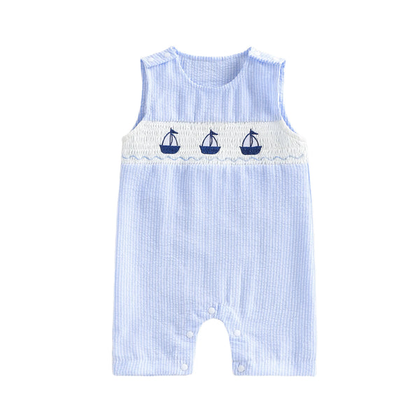 'Tiny Sails' Embroidered Boys Blue Stripe Seersucker Romper - The Palm Beach Baby Estimated 12 - 19 Day Shipping