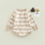 Back view of the Fallon Cozy Khaki Baby Knitted Romper, highlighting its classic plaid pattern, suitable for baby ages 0-24 months.