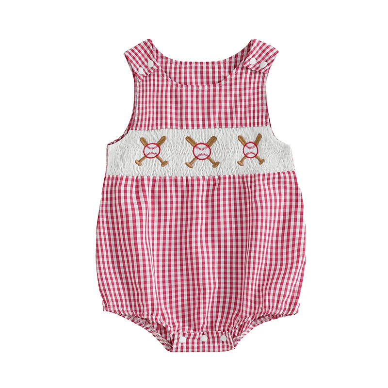 Front view of the red checked bubble romper in the "Ball Four" style, detailed with embroidered baseballs, great for summer fun.