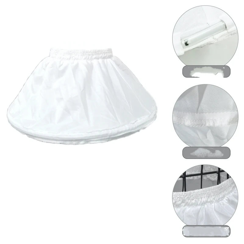 Girl's adjustable off-white short crinoline underskirt with elastic waist for party, baptism, or formal dresses.