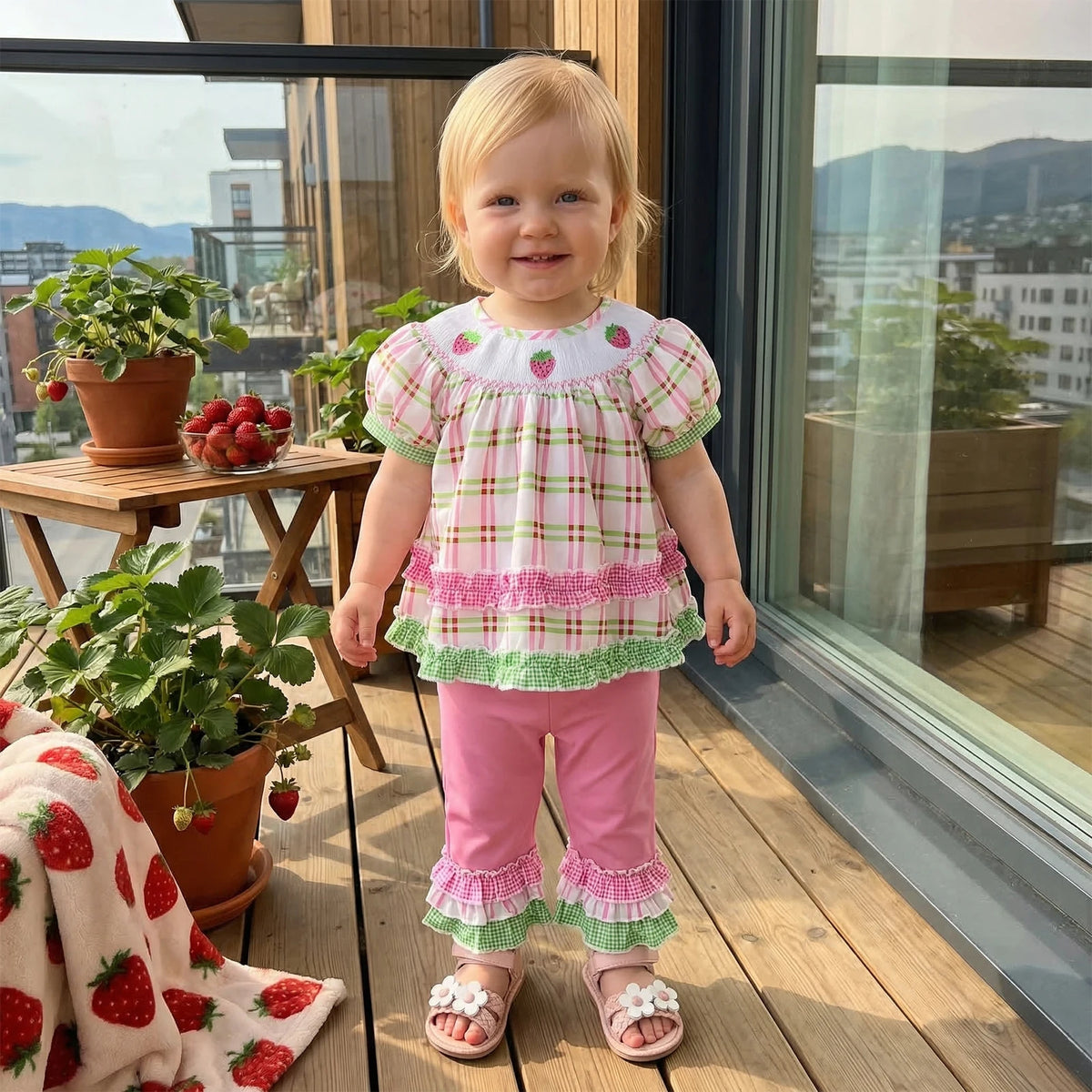 Toddler girl in a pink-green plaid frilly two-piece outfit with strawberry embroidery, standing on a balcony.