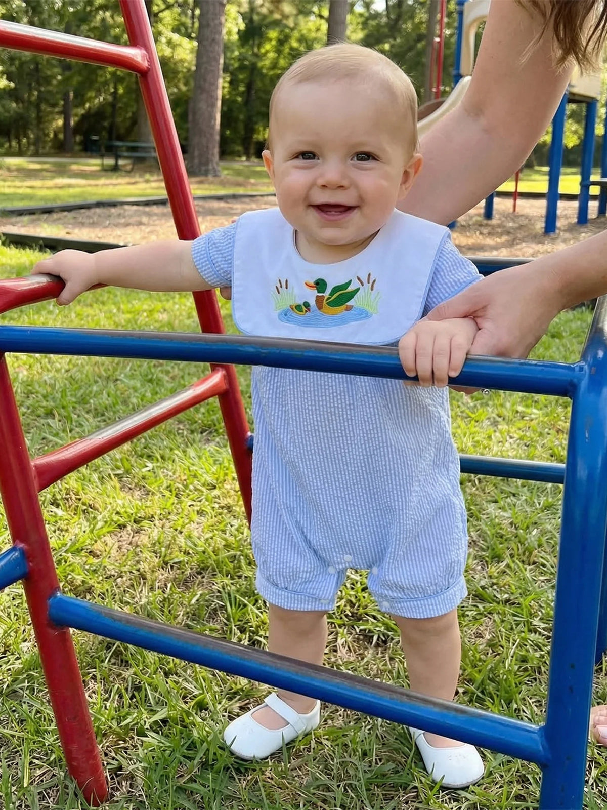 Little Ducky Boys Bibbed Seersucker Romper - Two Adorable Colors - The Palm Beach Baby Estimated 10 - 18 Day Shipping