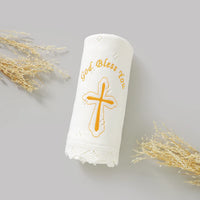 White cotton knit baby baptism and christening blanket with gold cross and God Bless You embroidery