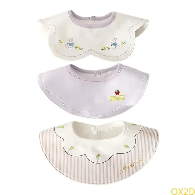 3-piece waterproof baby bibs set with embroidered cotton designs, snap closure, and "Princess" detail for meal time.