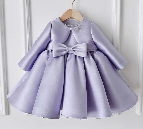Patience Marie lavender beaded princess-style dress for girls with bow at waist, long sleeves, knee-length