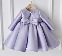 Patience Marie lavender beaded princess-style dress for girls with bow at waist, long sleeves, knee-length