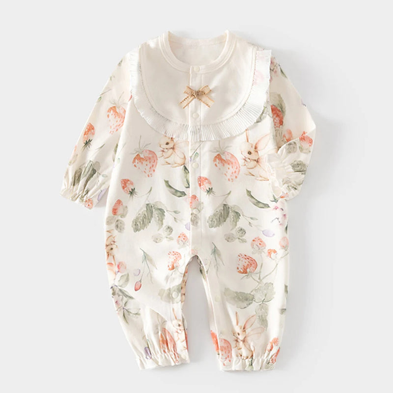 Frills and Fleurs Baby Rompers featuring a charming floral design in soft cream, crafted from breathable cotton for baby's comfort.