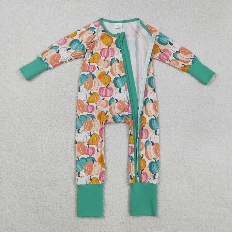 Open view of the 'Pumpkin Harvest' Long Sleeved Pumpkin Print Romper revealing the soft interior and vibrant pumpkin print, ideal for cozy fall days.