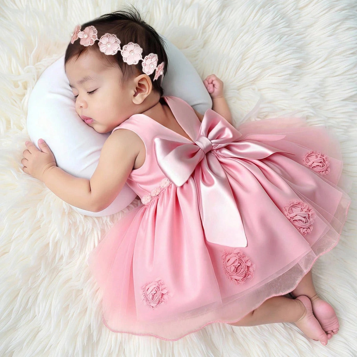 Lara Elegant pink infant dress with oversized satin bow, beaded headband and tulle overskirt for special occasions.