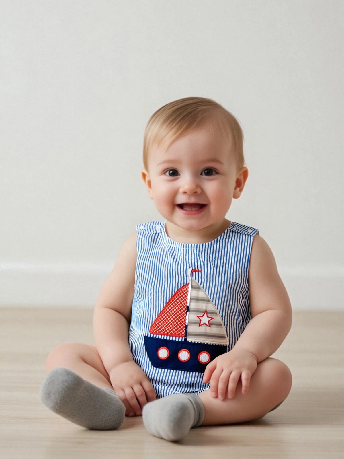 Little Sailboat Embroidered Boys Sleeveless Bubble - The Palm Beach Baby Estimated 12 - 20 Day Shipping