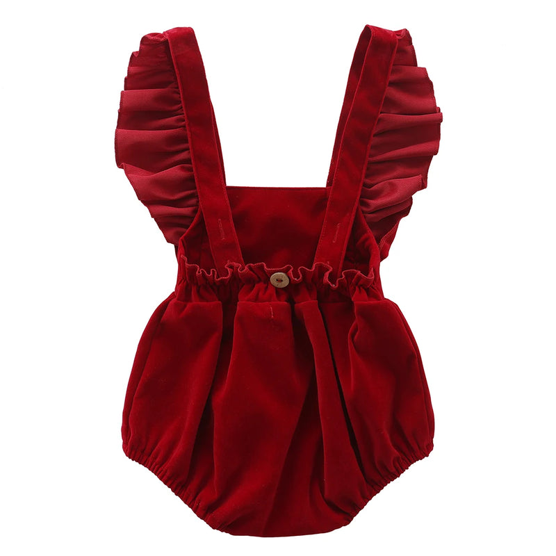 Back view of the Little Sofie Velvet Frilly Bubble, highlighting the cute frilly straps and stylish cut, ideal for a cozy frilly bubble romper for babies and toddlers.