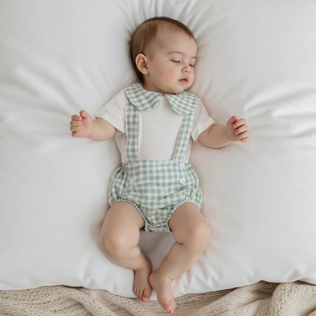 Carlton Check Romper and Shorts outfit for baby boy; sleeping in green gingham two-piece set.