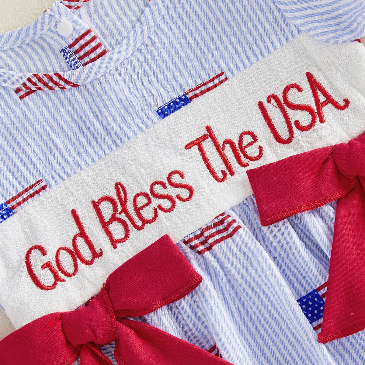 'Anna' American Flag Seersucker Romper with Adorable Bows and Headband - The Palm Beach Baby Estimated 12 - 18 Day Shipping