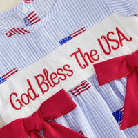 'Anna' American Flag Seersucker Romper with Adorable Bows and Headband - The Palm Beach Baby Estimated 12 - 18 Day Shipping