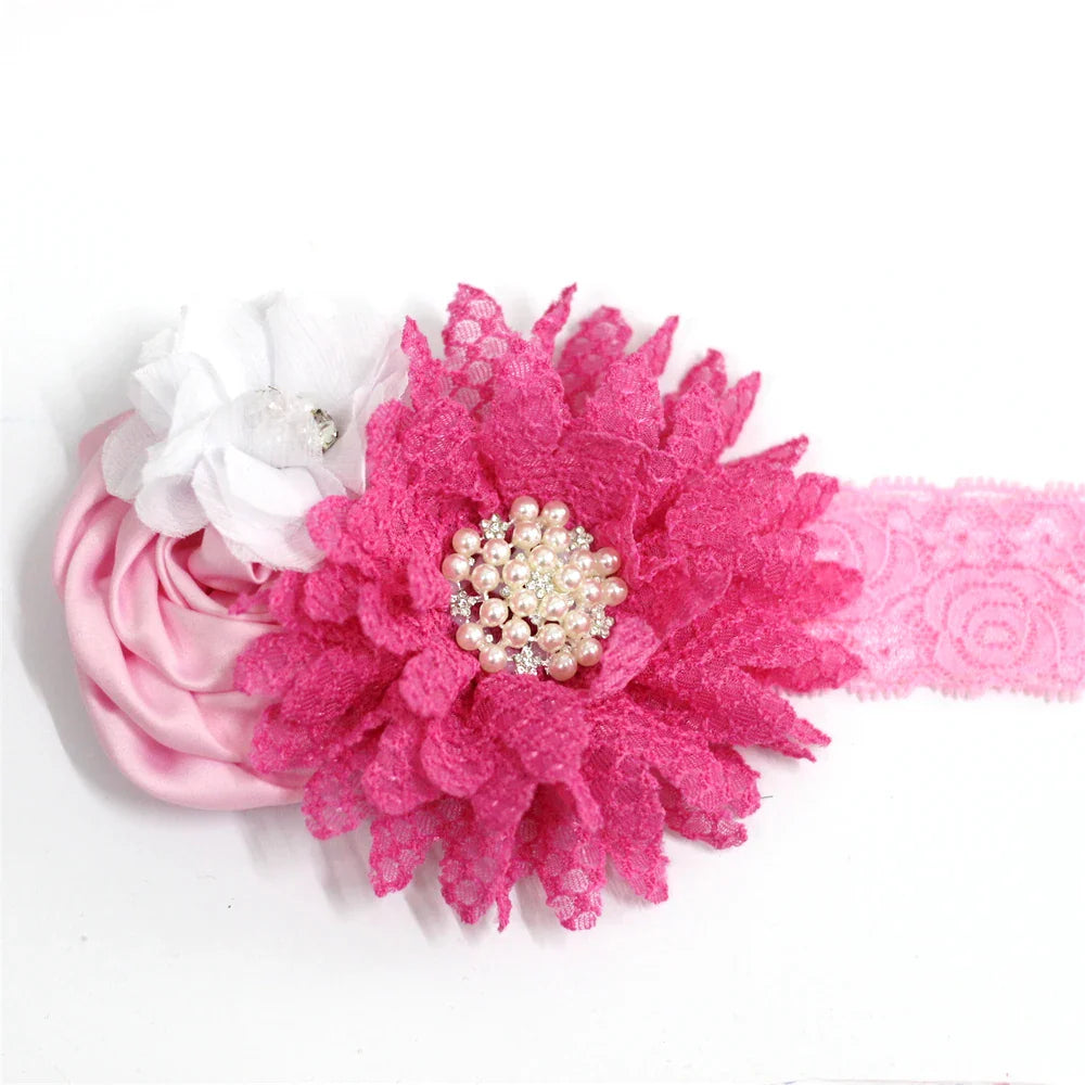 Elegant Chiffon Beaded Baby Hair Accessories displaying a bright pink flower headband with white accents and pearl embellishments for baby girls.