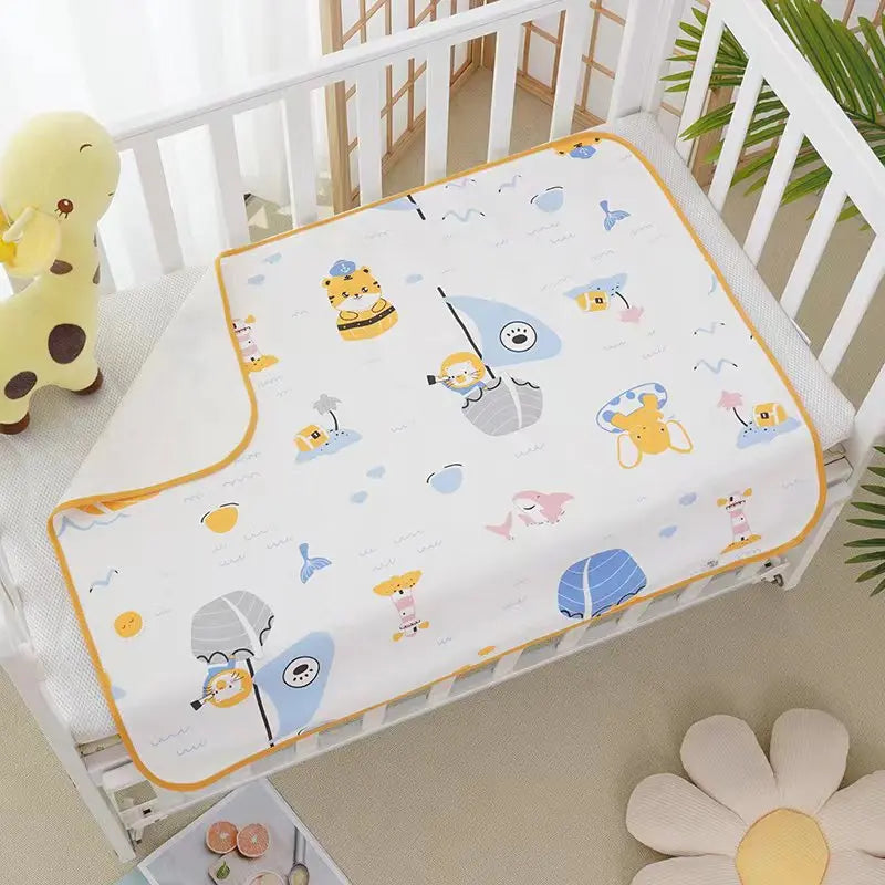 Childrens Waterproof Changing Pad in Cute Prints on a baby crib with yellow trim, cotton mat 50x70 cm or 70x90 cm