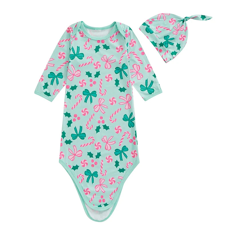 Candy Cane Sweetie Sleeper Swaddle Gown & Hat featuring a festive teal print with candy canes and bows, perfect for newborns, showcasing the cozy baby swaddle gown design.