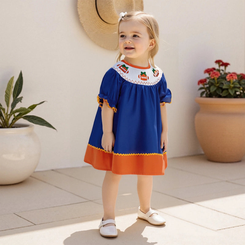 Football Mania Smocked Embroidered Dress - 3  Colors