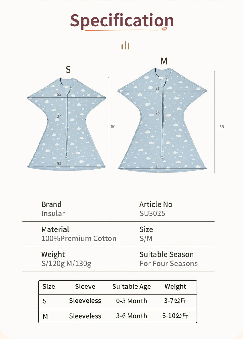 Repeated size specifications for the lightweight baby sleep sack, showing size S and M suitable for various baby ages.