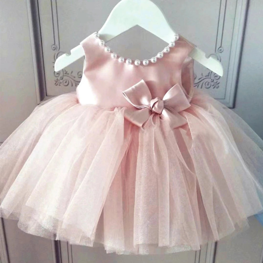Lucy Elegant Pink Bow Ball Gown With Luxurious Tulle Skirt - The Palm Beach Baby 28 -30 Day Shipping