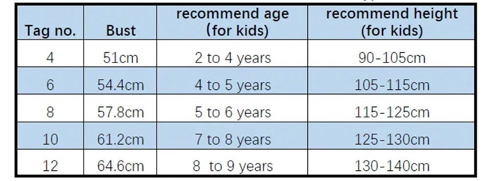 Girls ballet tutu dress size chart with recommended ages 2 to 9 years and bust measurements
