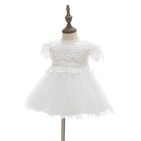 Beatrice Ann elegant lace dress for little girls, white knee-length with appliques on the lace bodice and tulle skirt.