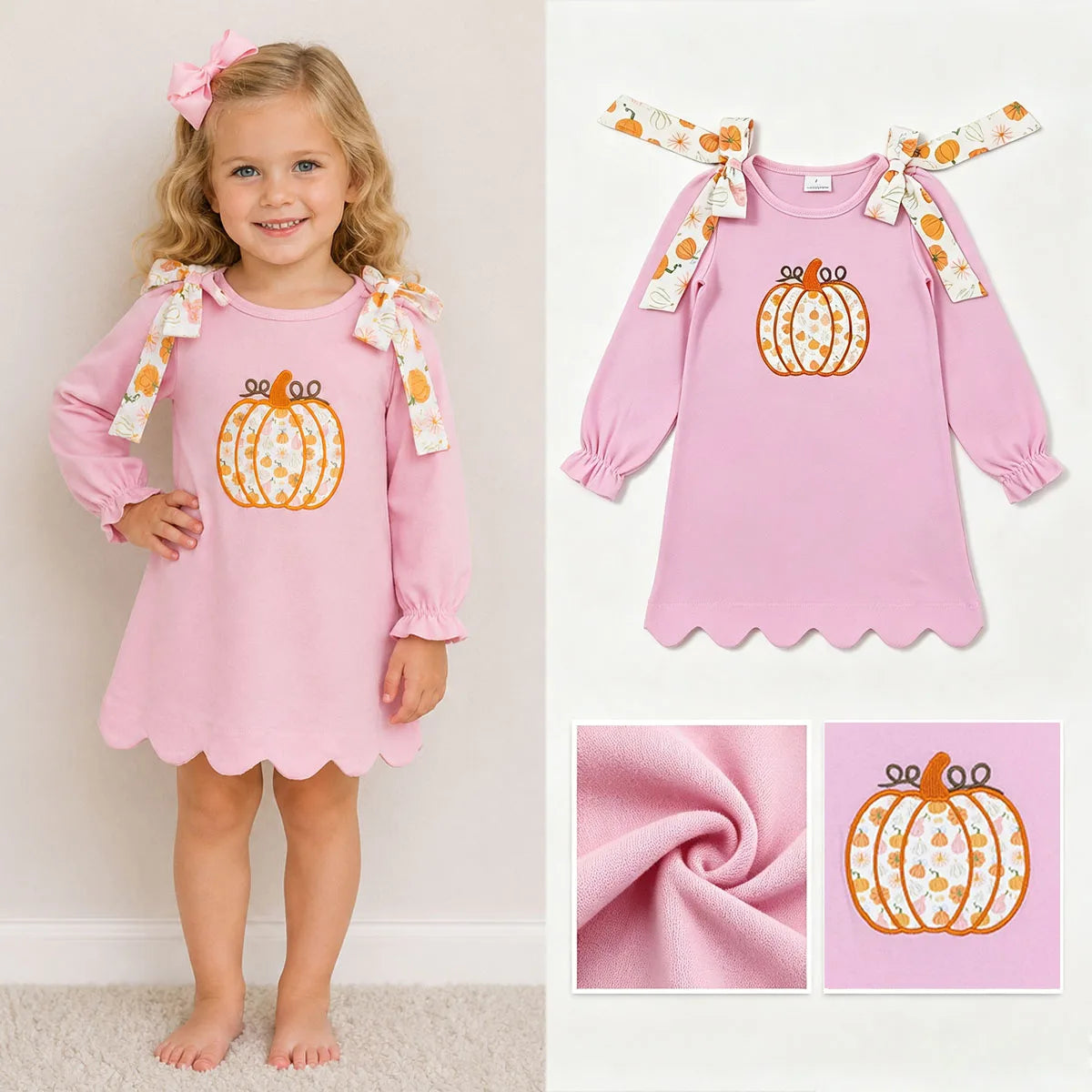 Cute palm beach pink long sleeve A-line dress with embroidered pumpkin, shoulder ties, and scalloped hem.