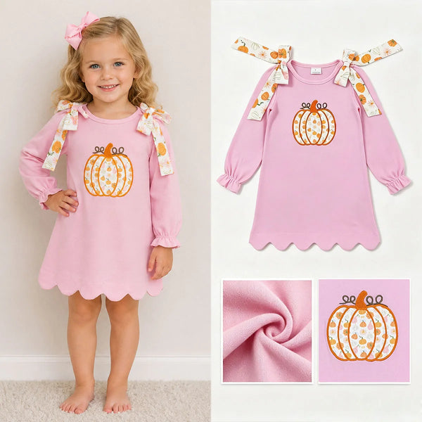 Cute palm beach pink long sleeve A-line dress with embroidered pumpkin, shoulder ties, and scalloped hem.