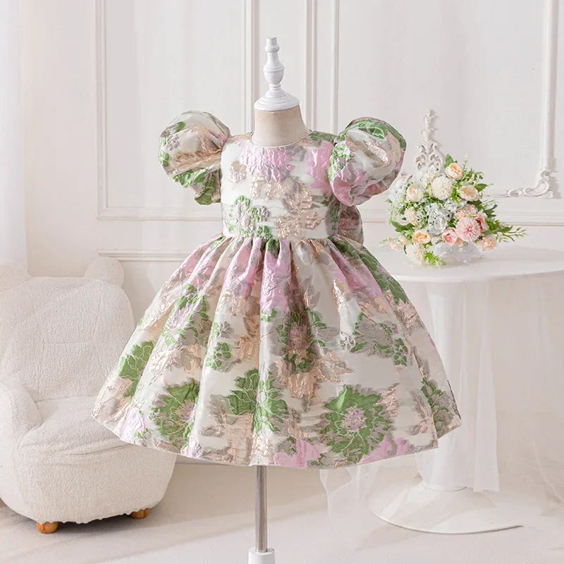 Jacquard Pamela Princess Puff Flowers Dress in multicolor pink and green with puff sleeves, knee-length.