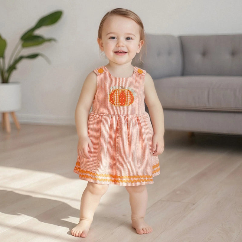 "Seersucker Pumpkin" Embroidered Sleeveless Dress