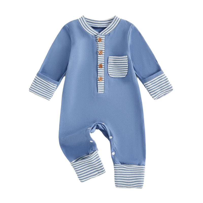 Hudson Button-Down Stripe Romper in blue, including button accents and a front pocket, suitable for trendy little ones.