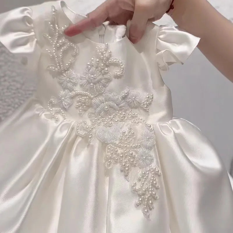 Astrid satin flutter-sleeve princess dress for little girls, white with beaded lace bodice and ruched, flared skirt