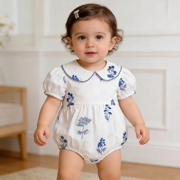 Blue Fleurs Peter Pan Collared Sibling Toddler Bubble Romper 1-24 mos. - The Palm Beach Baby Estimated 12 - 20 Day Shipping