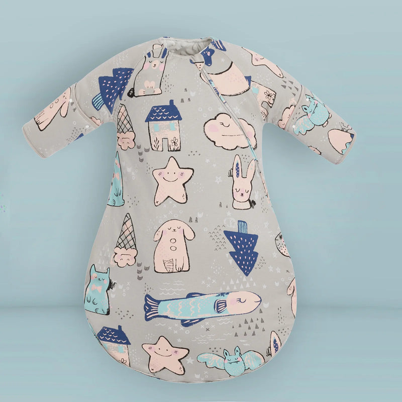 Soft Zippered Anti-Kick Toddler Sleep Sack in a grey print decorated with stars and playful animals, ideal for snug nights.