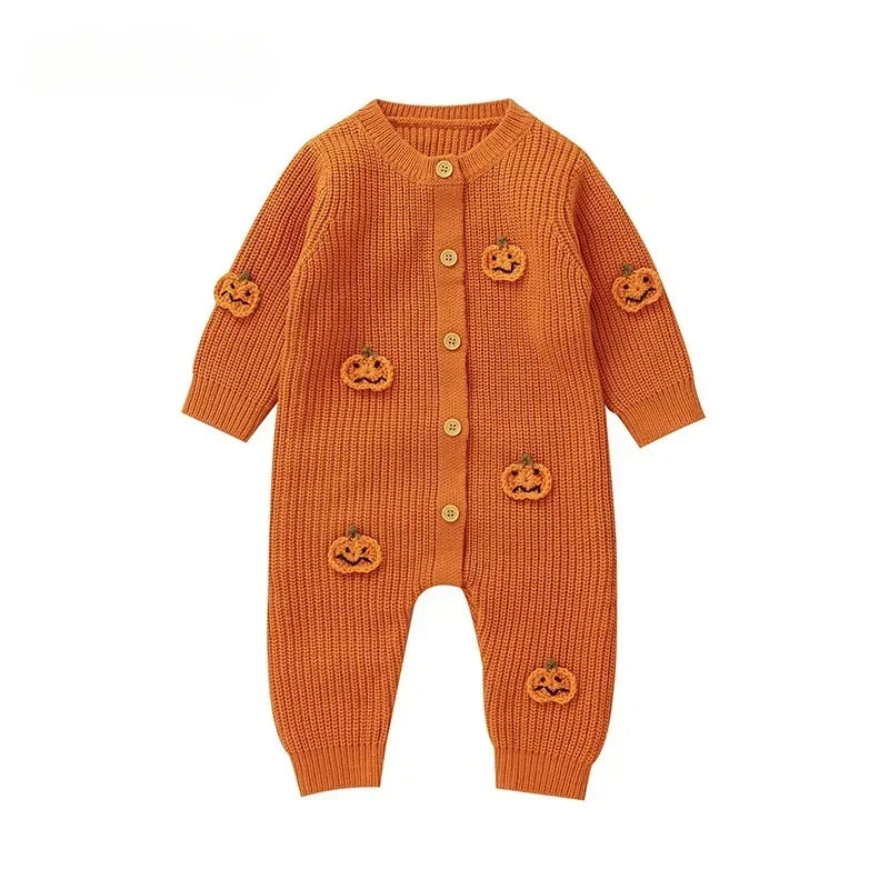 Fall Baby Cozy Knitted Romper - 3D Pumpkins