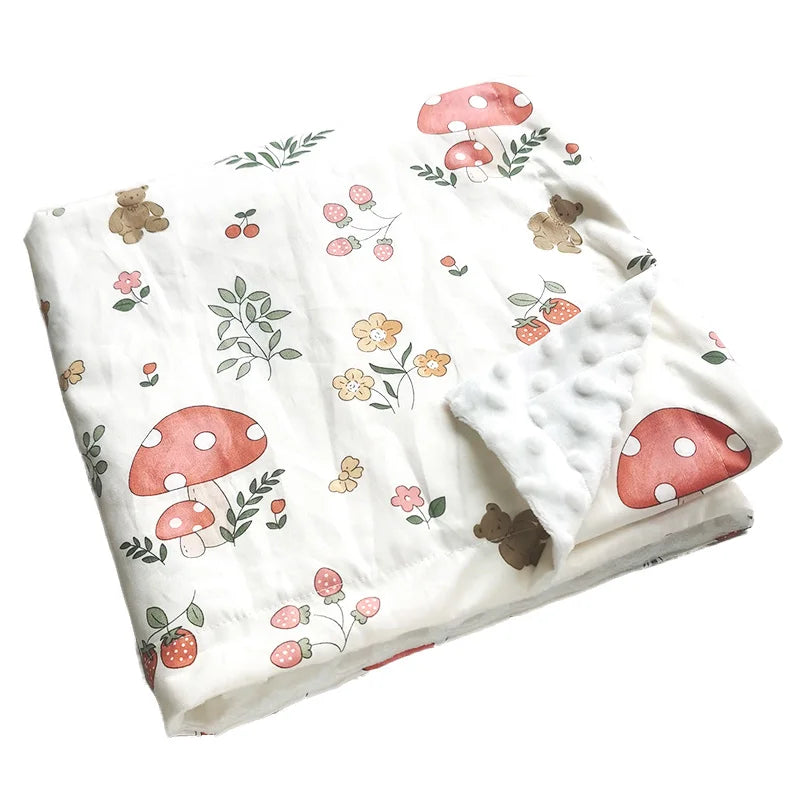 Dotted Minky Blanket in colorful prints for babies and kids, lightweight 100x75 cm with mushroom and bear motifs.