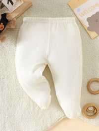 White footed baby pants from an 8-piece cotton romper set, newborn, comfortable all-season wear.