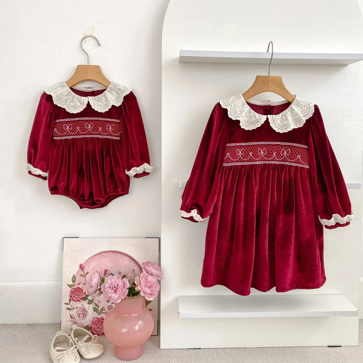 Smocked Sibling Outfits Deep Red Velvet Baby Dresses - The Palm Beach Baby