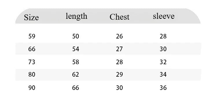 Size chart for Here Doggie! Cute Baby Romper, detailing length, chest, and sleeve measurements for optimal fit.